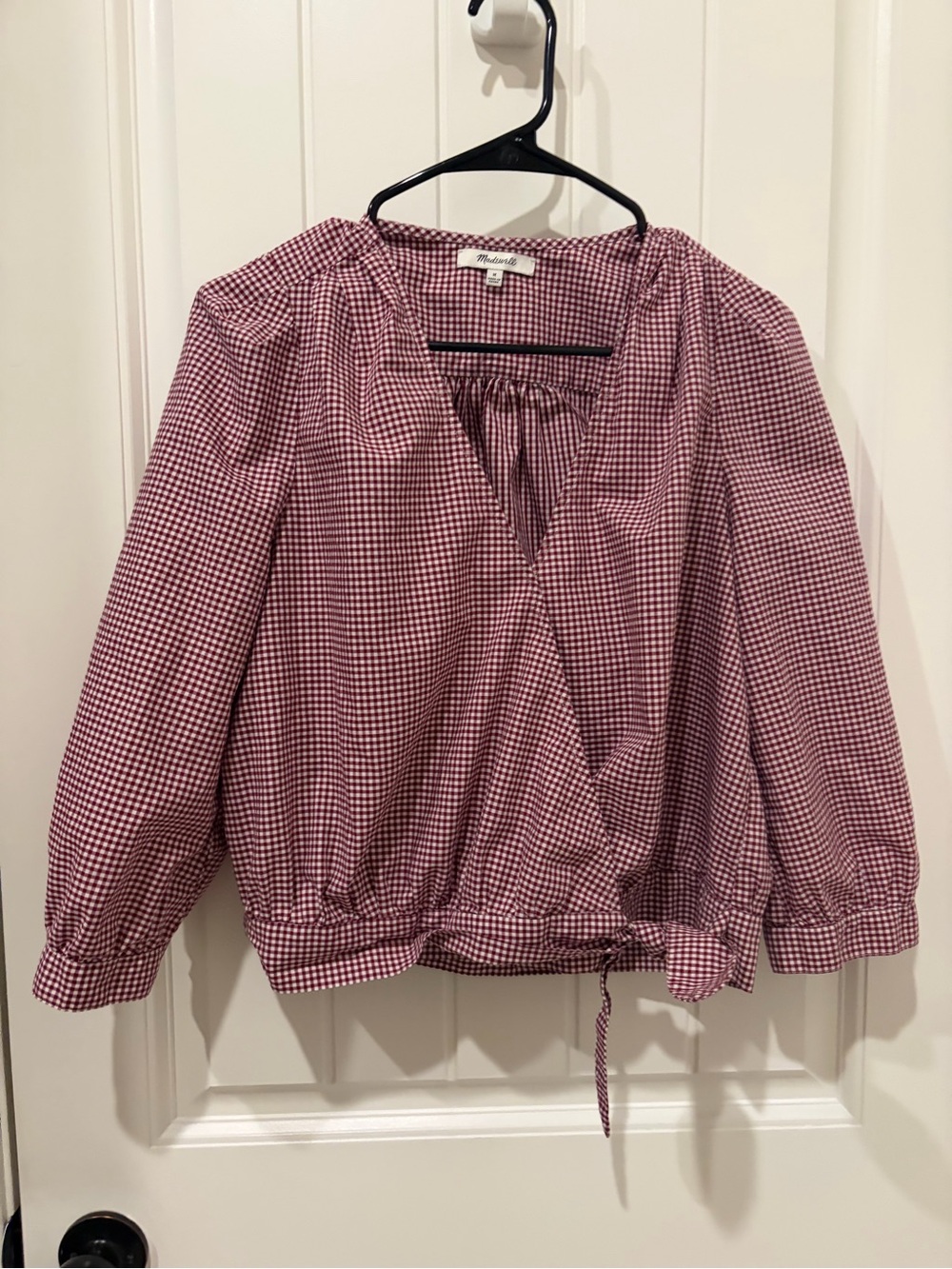Madewell Red and White Gingham Wrap Blouse